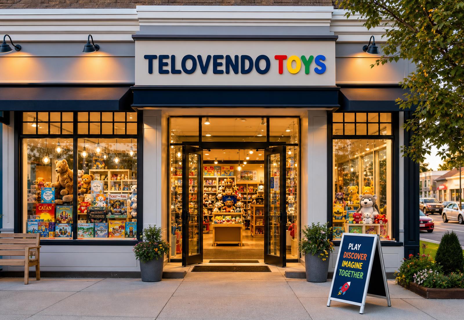 Telovendo Toys storefront at dusk with lit windows full of toys and games